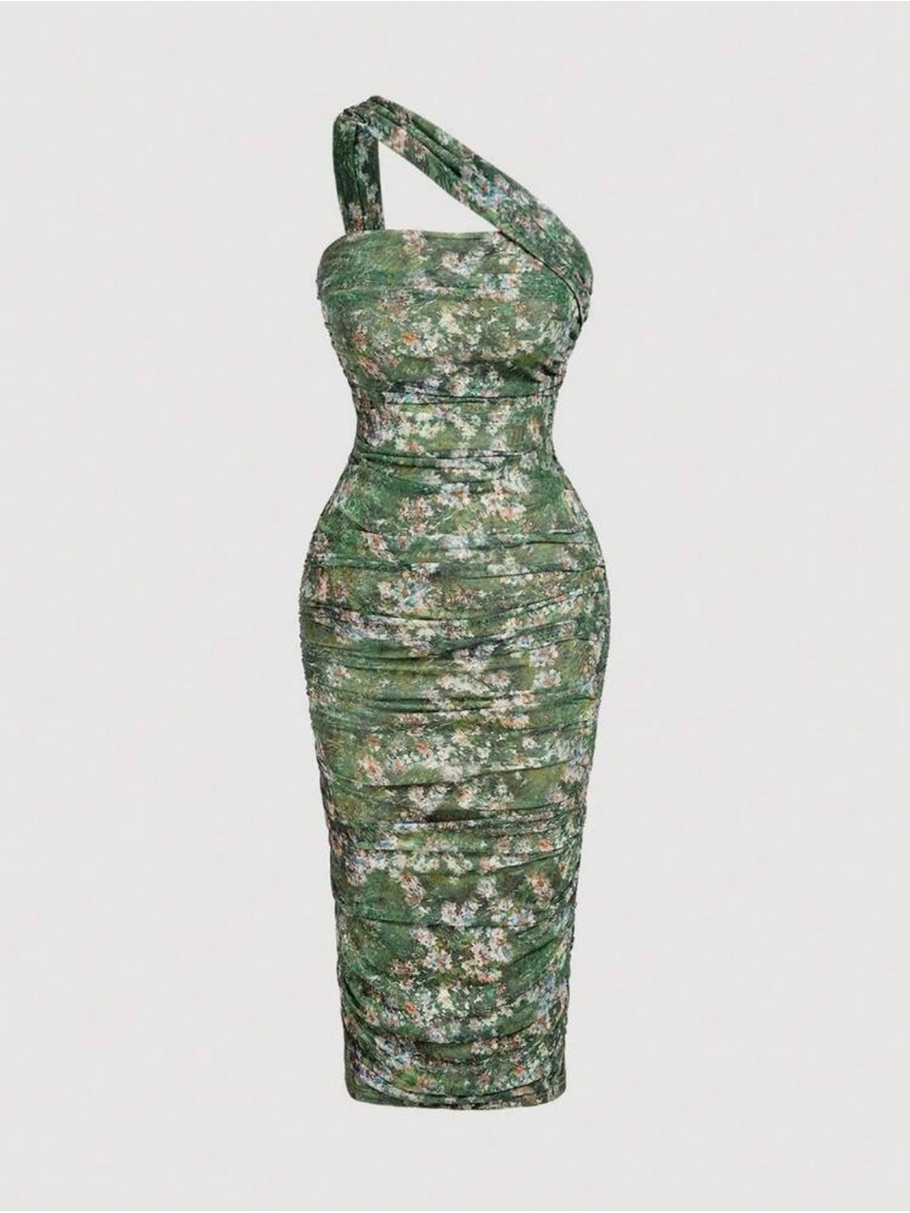 SHEIN MOD One-Shoulder Sage Green Floral Ruched Midi Dress